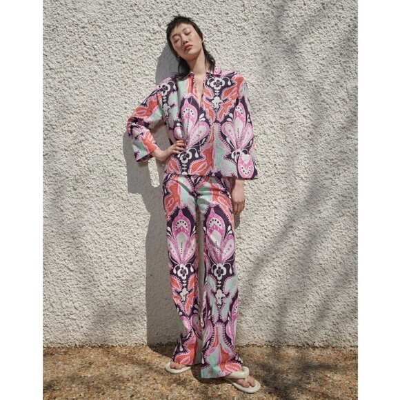 Zara Top and Pant Set XS Printed Linen Spain Groovy 70s 60s Boho Colorful Unique - Picture 4 of 16